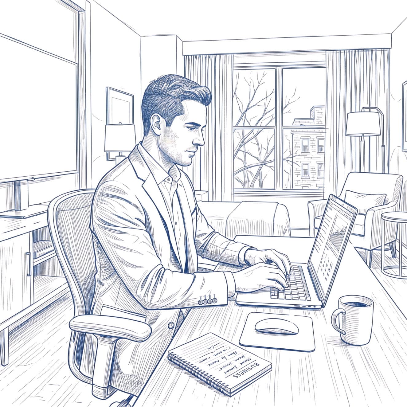 Line drawing of a guest working at a desk beside a city window