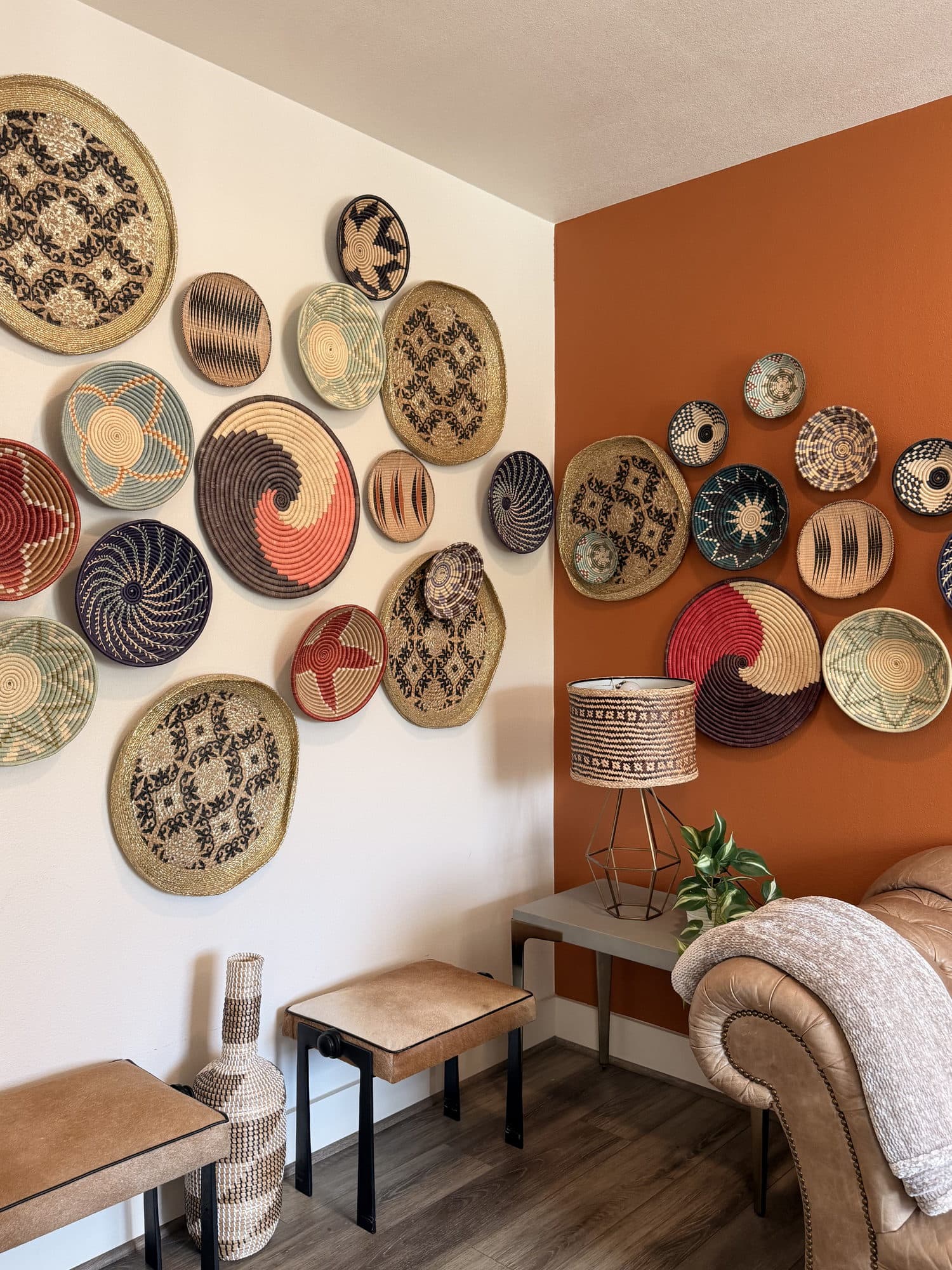 Woven basket wall in warm neutrals