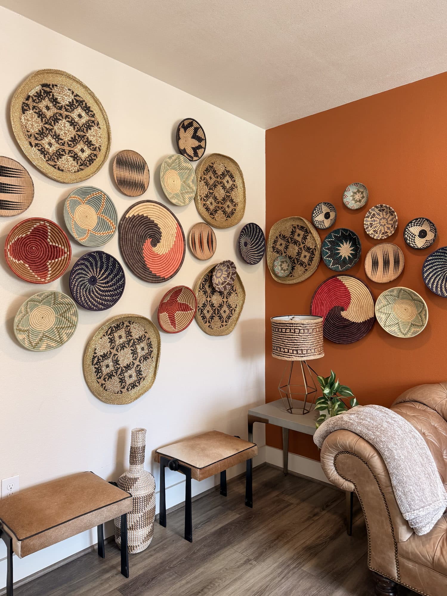 Woven basket wall against terracotta paint