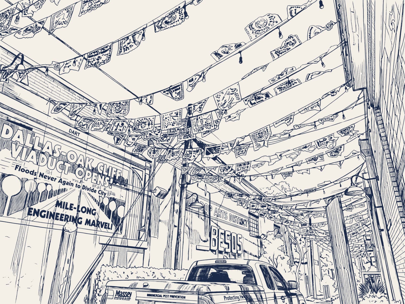 Line drawing of the Dallas–Oak Cliff viaduct and papel picado strung over Bishop Arts