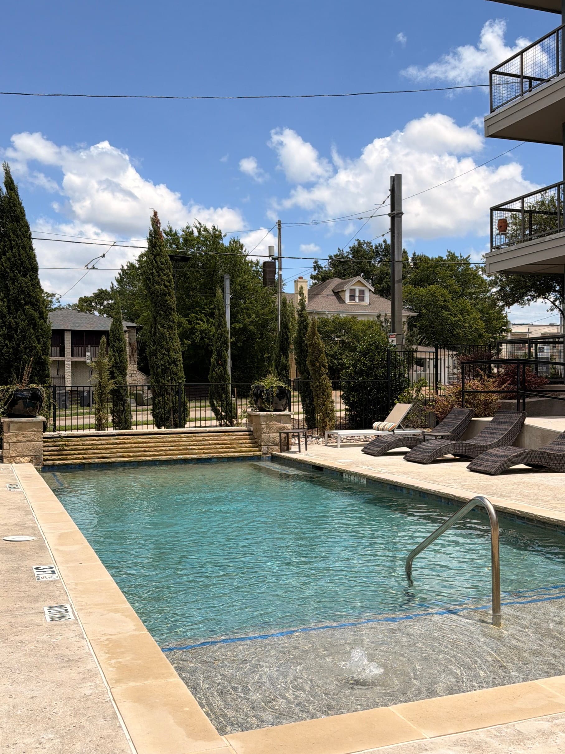 The outdoor pool at Bishop Arts Hotel, framed by cypress trees