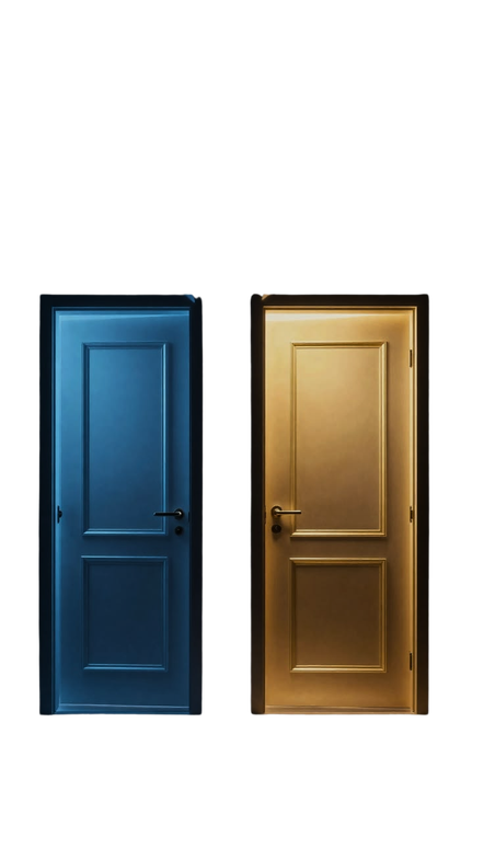A teal door and a gold door side by side